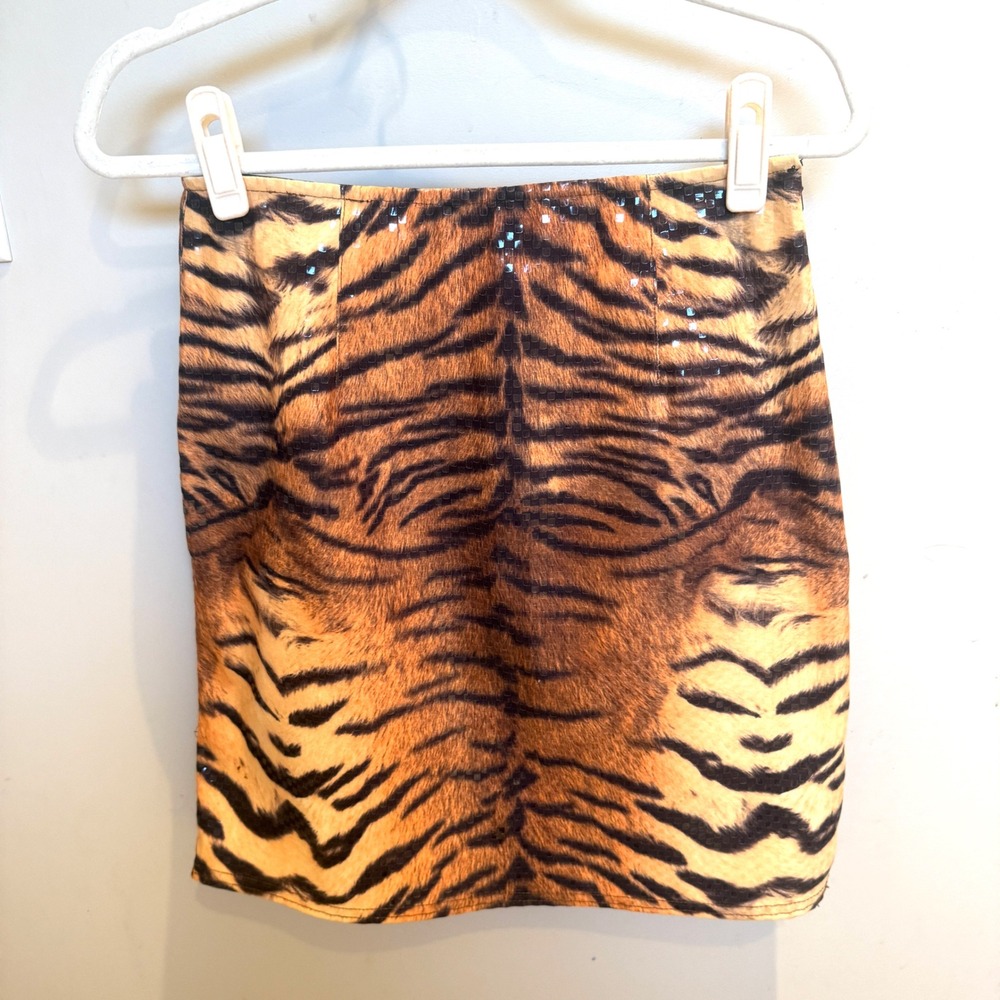 Linda Segal Tiger Print Mini Skirt Metallic Square Overlay Brown Orange Small
